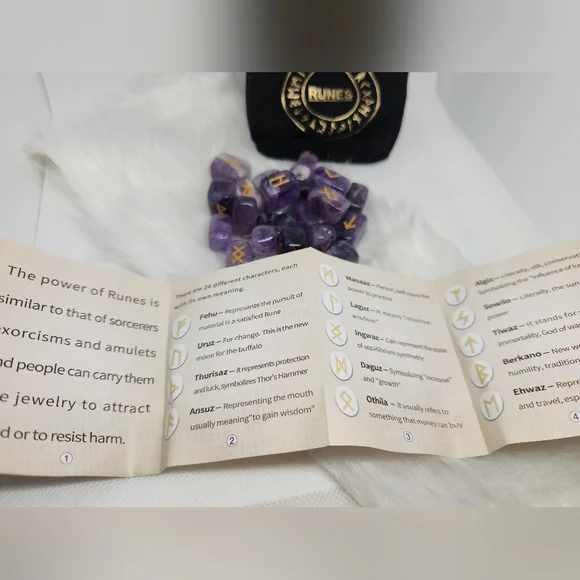 Amethyst Rune Stones Set | Engraved Runes w/ Velvet Pouch & Guide Crystal. - Picture 6 of 7